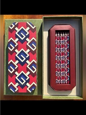 New Gucci Geometric Print Pencil Set - Red, Blue & White